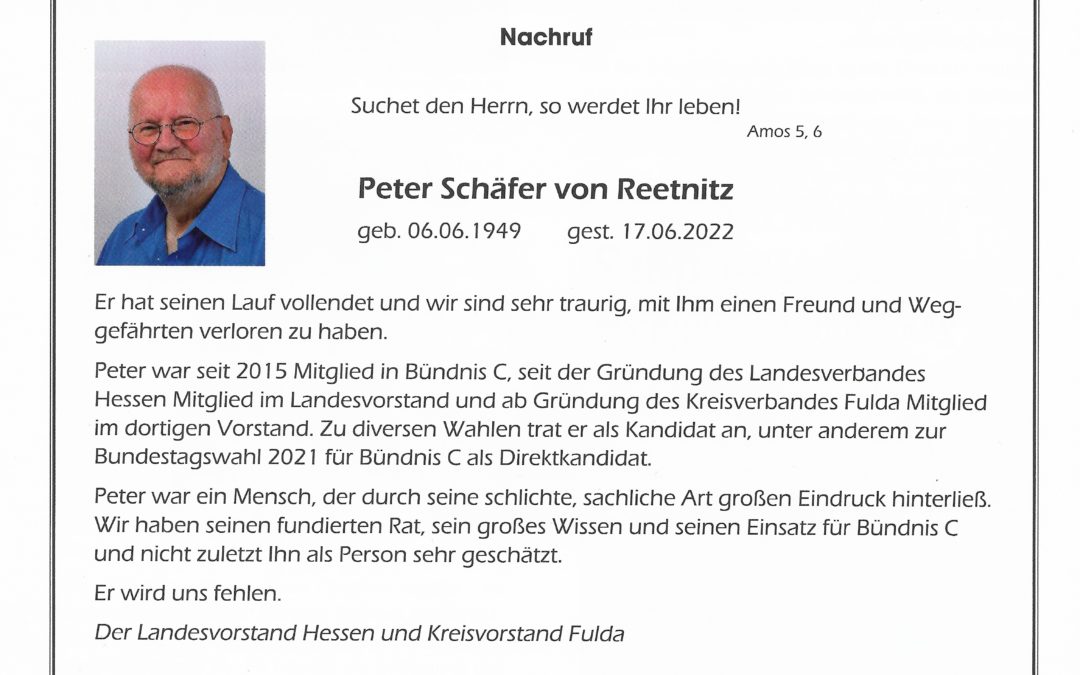 Peter Schäfer von Reetnitz gestorben