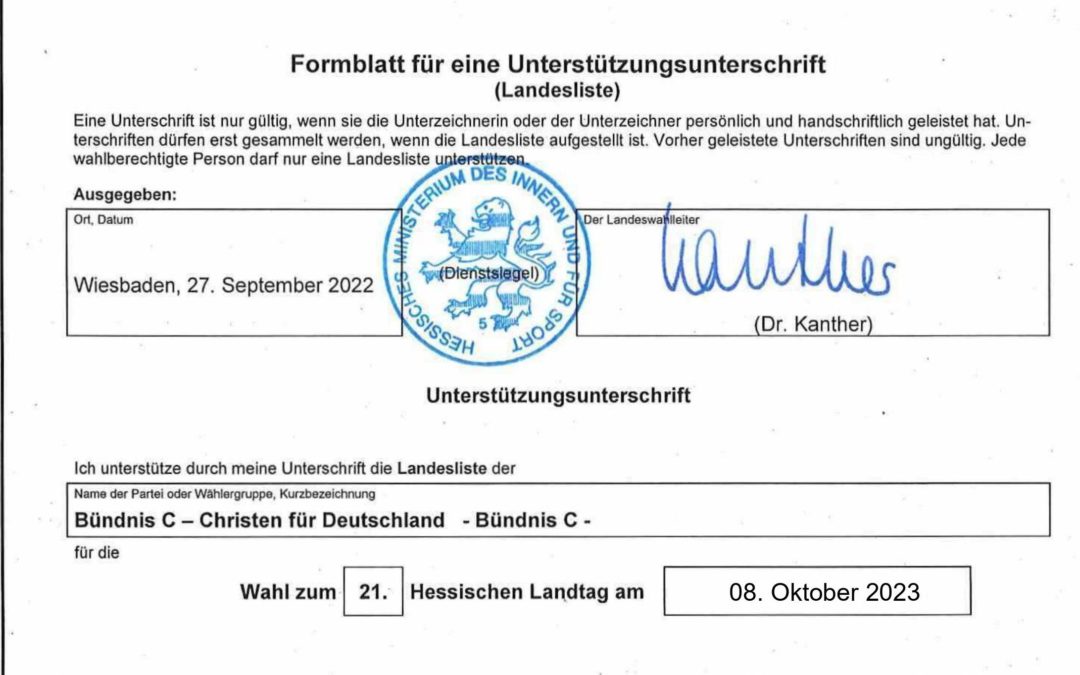 Formblatt Unterstützungsunterschrift Landtagswahl Hessen am 08.10.23